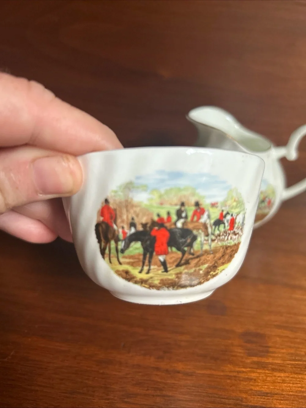 Classic White Porcelain Creamer and Sugar Bowl with Equestrian Hunt Scene